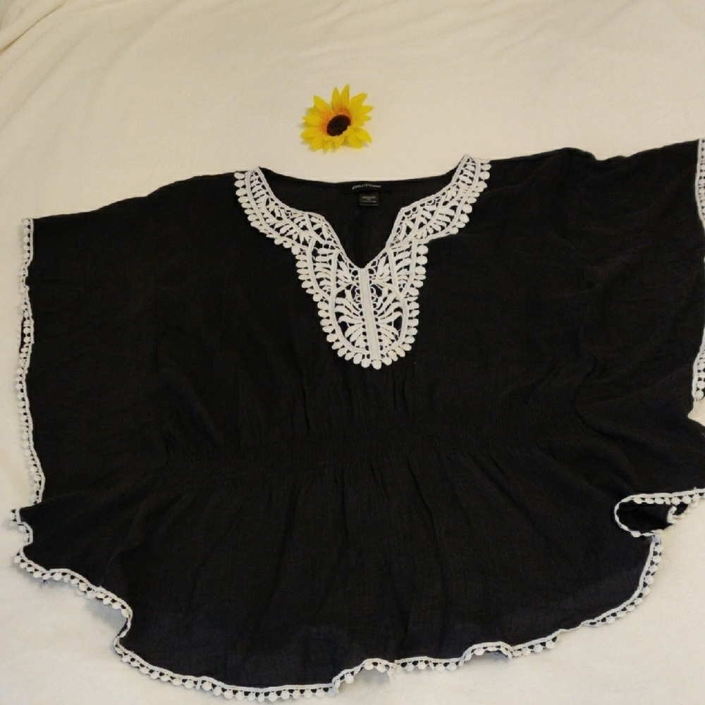 Ashley Stewart. Black Lace Trim Women's Top
